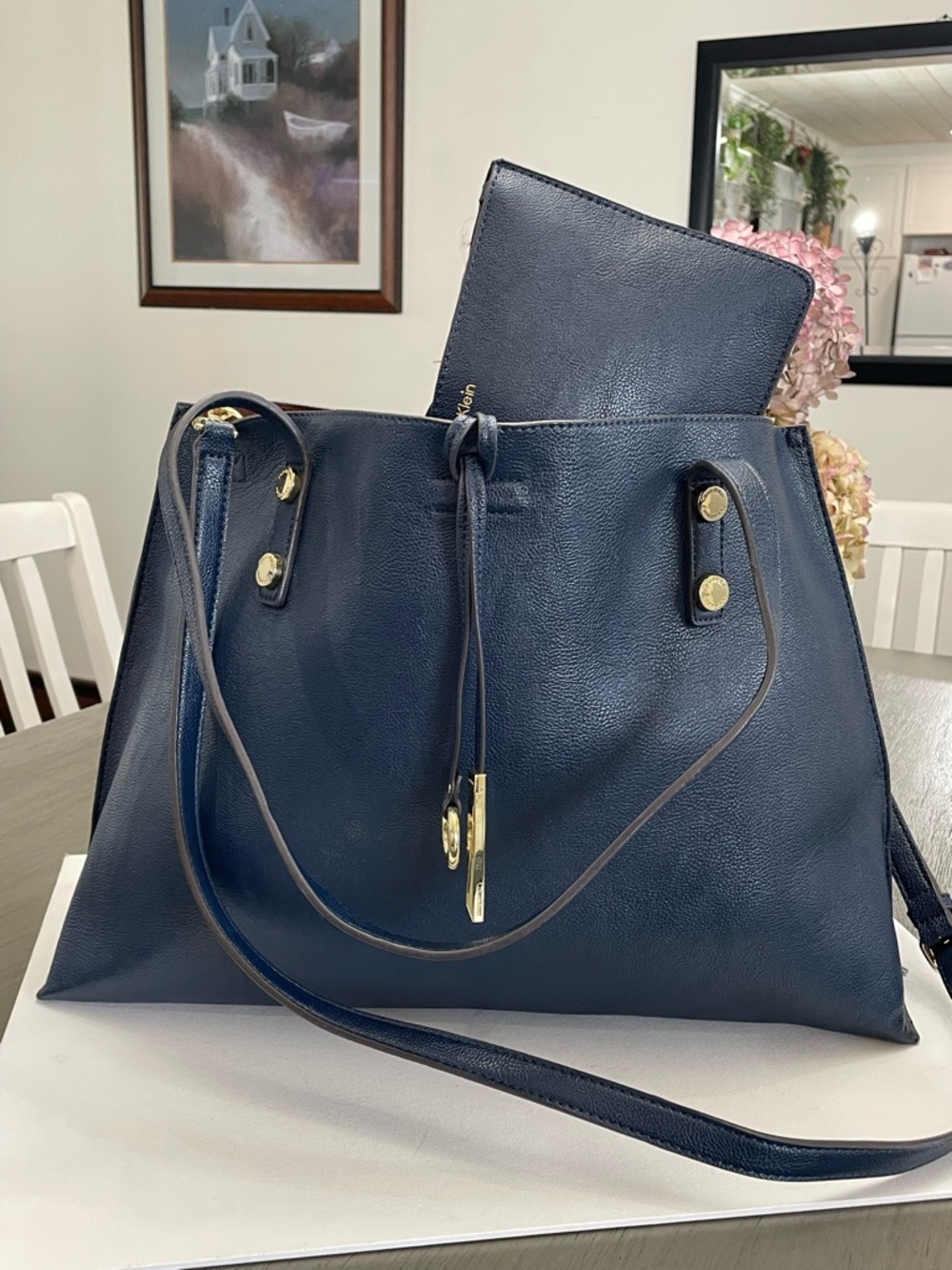 Calvin Klein reversible Classic Navy Tote Bag with Pouch - Women's Handbag